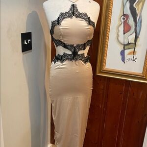 Strapless Nude Cutout Evening Dress with Black Lace Trim